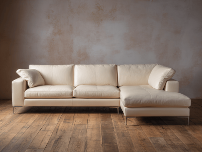 Leren hoekbank 300×180×85 cm – crème – met chaise longue drie rugkussens en twee sierkussens