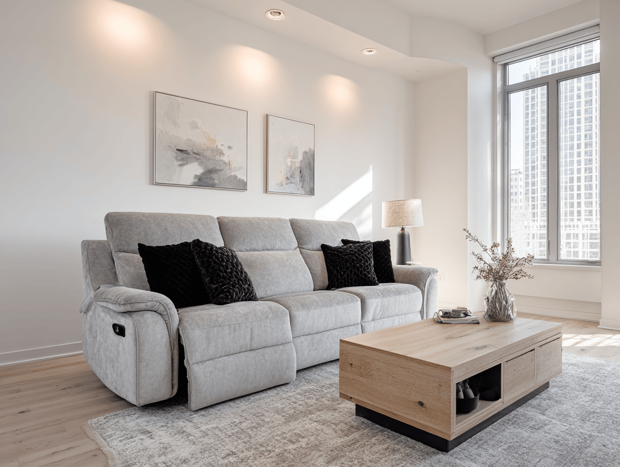 3-zitsbank stof 220×95×100 cm – lichtgrijs – moderne stijl met relaxfunctie en kussens