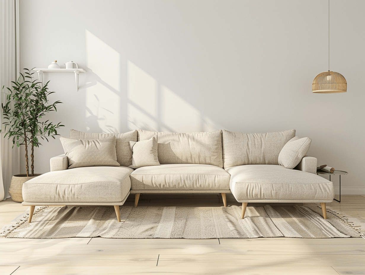 Hoekbank stof 280×190×85 cm – beige – modern design met 3 rugkussens en 3 sierkussens