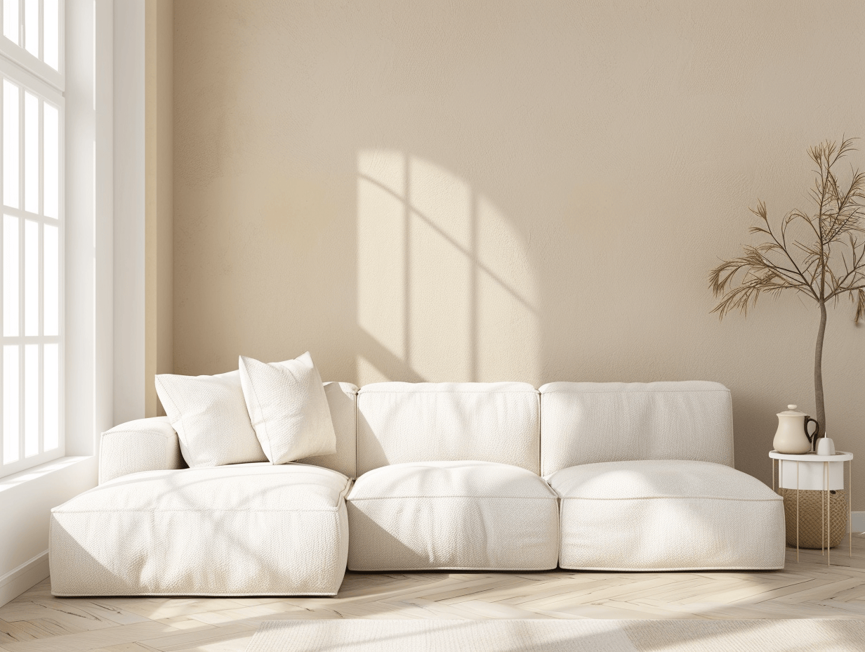 Hoekbank stof 270×185×85 cm – wit – modern design met 2 sierkussens