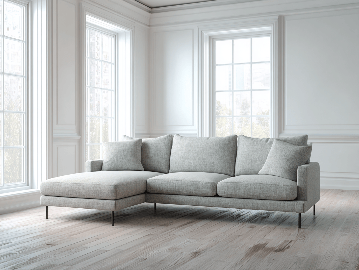 Hoekbank in stof 280×180×85 cm – lichtgrijs – moderne stijl met chaise longue en kussens