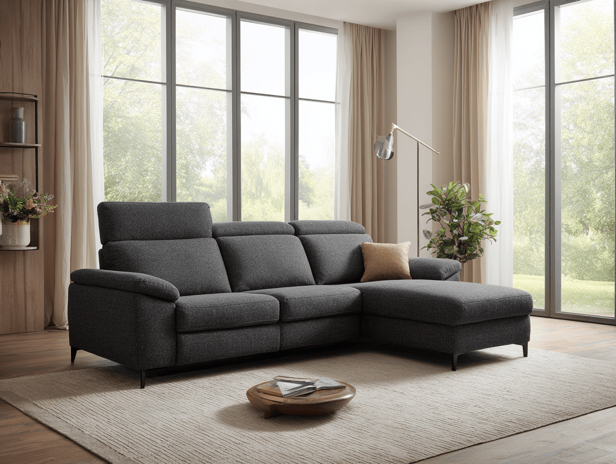 Hoekbank stof 270×200×95 cm – donkergrijs – met chaise longue en verstelbare hoofdsteunen en sierkussen