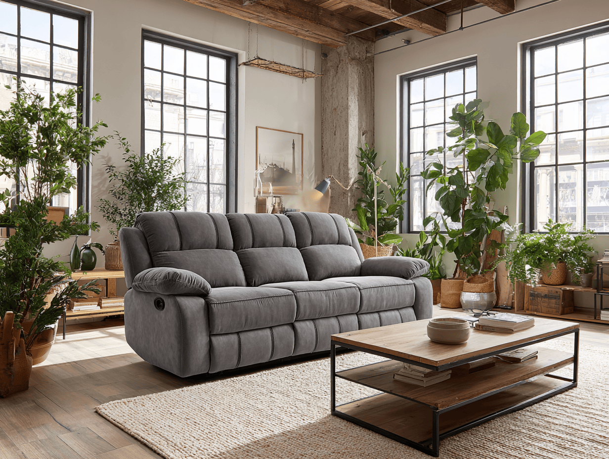 Driezitsbank in microvezel 215×100×102 cm – donkergrijs – met relaxfunctie en gewatteerde armleuningen – modern comfort