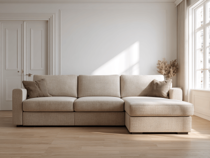 Hoekbank stof 285×185×90 cm – beige – moderne stijl met chaise longue 3 rugkussens en 2 sierkussens