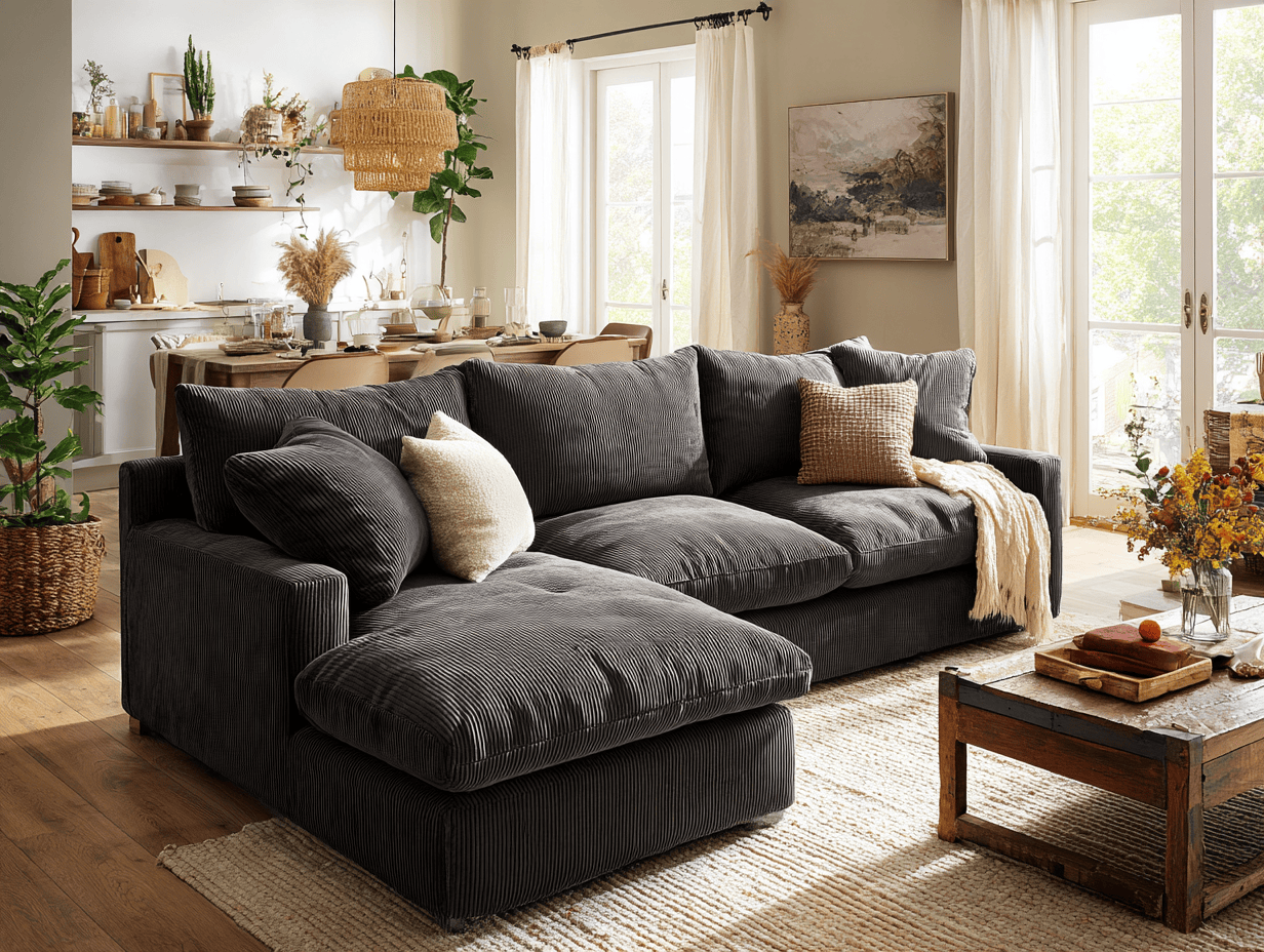 Hoekbank in corduroy 300×190×90 cm – donkergrijs – moderne stijl met chaise longue en kussens