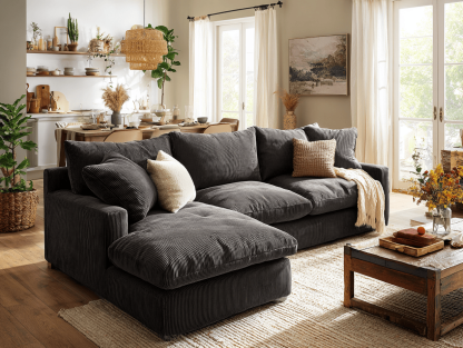 Hoekbank in corduroy 300×190×90 cm – donkergrijs – moderne stijl met chaise longue en kussens