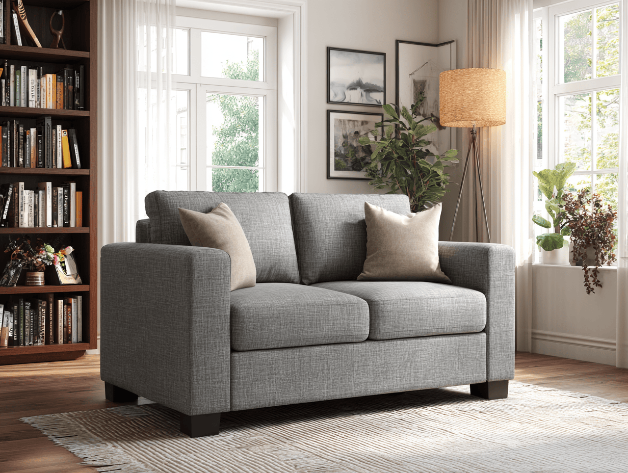 Tweepersoonsbank in stof 160×95×85 cm – grijs – modern design met rugkussens en sierkussens