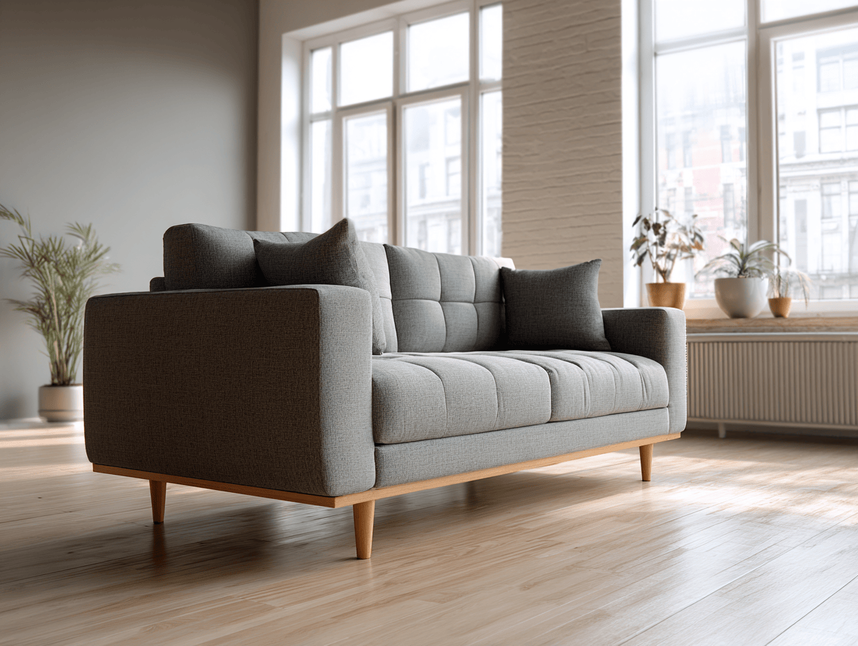 Tweepersoons bankstel stof 180×90×85 cm – lichtgrijs – moderne stijl met houten poten en kussens