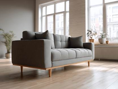 Tweepersoons bankstel stof 180×90×85 cm – lichtgrijs – moderne stijl met houten poten en kussens