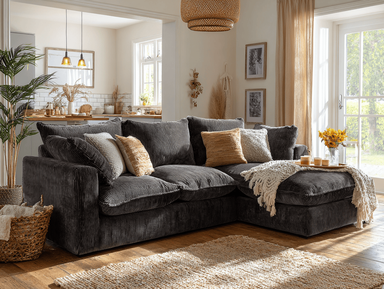 Hoekbank in corduroy 305×195×90 cm – donkergrijs – moderne stijl met chaise longue en kussens