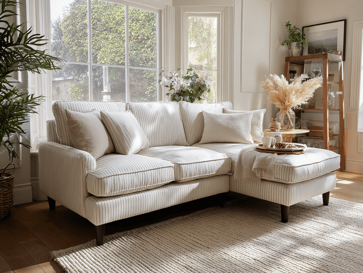 Hoekbank in stof 275×180×90 cm – wit gestreept – modern design – met chaise longue en kussens