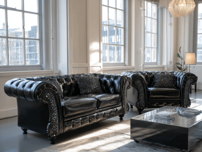 Sofa set 2-zitsbank 165×90×78 cm en fauteuil 110×90×78 cm – zwart kunstleer – Chesterfield stijl met kristalaccenten – klassiek design