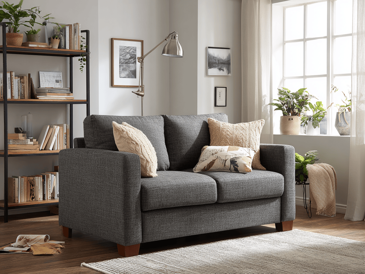 Tweepersoons bankstel stof 175×90×88 cm – donkergrijs – moderne stijl met houten poten en kussens