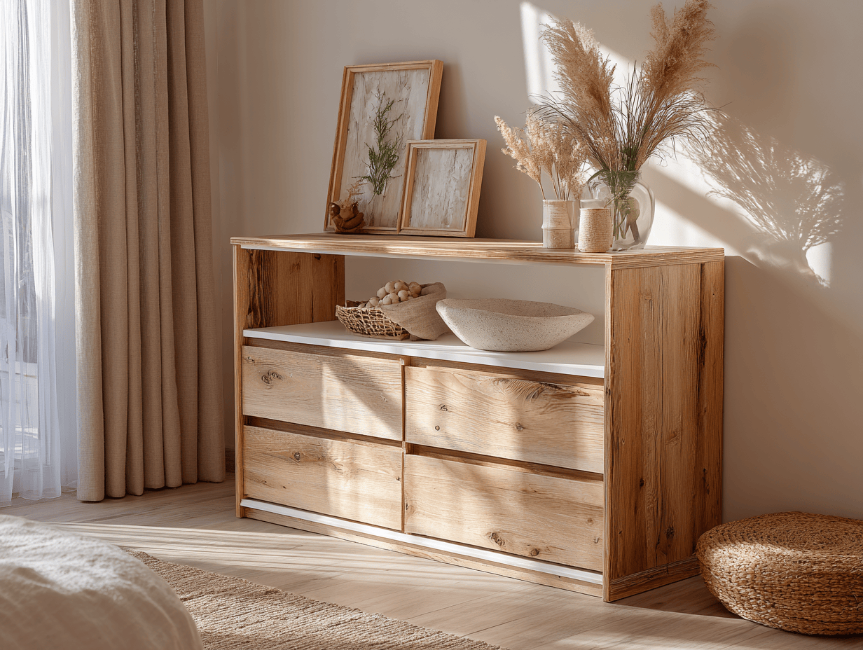 Ladekast hout 120×42×90 cm – licht hout met wit – modern design met open vak en lades