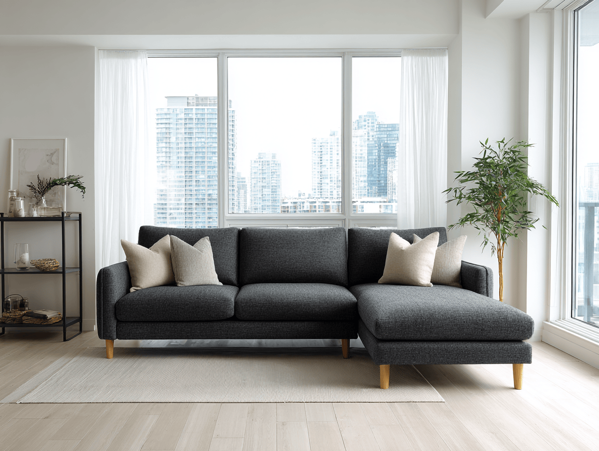 Hoekbank in stof 270×160×85 cm – donkergrijs – met chaise longue drie rugkussens en vier sierkussens – modern design