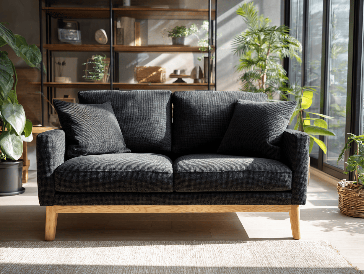 Tweepersoons bank in stof 160×85×82 cm – donkergrijs – moderne stijl met kussens