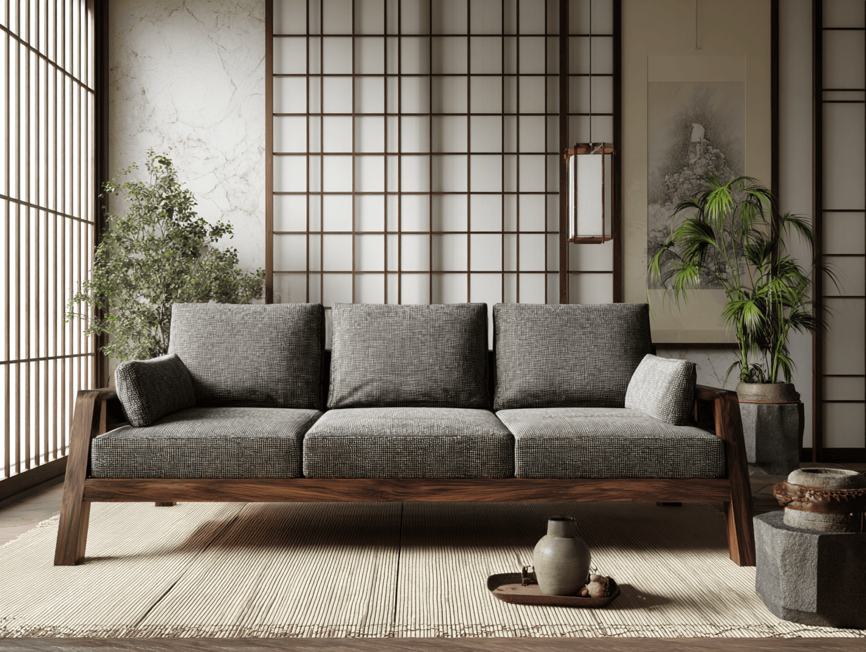 3-zitsbank in stof en massief hout 210×90×85 cm – grijs – modern design met 3 rugkussens en 2 armkussens