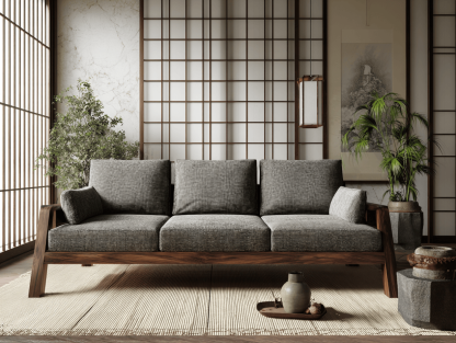 3-zitsbank in stof en massief hout 210×90×85 cm – grijs – modern design met 3 rugkussens en 2 armkussens