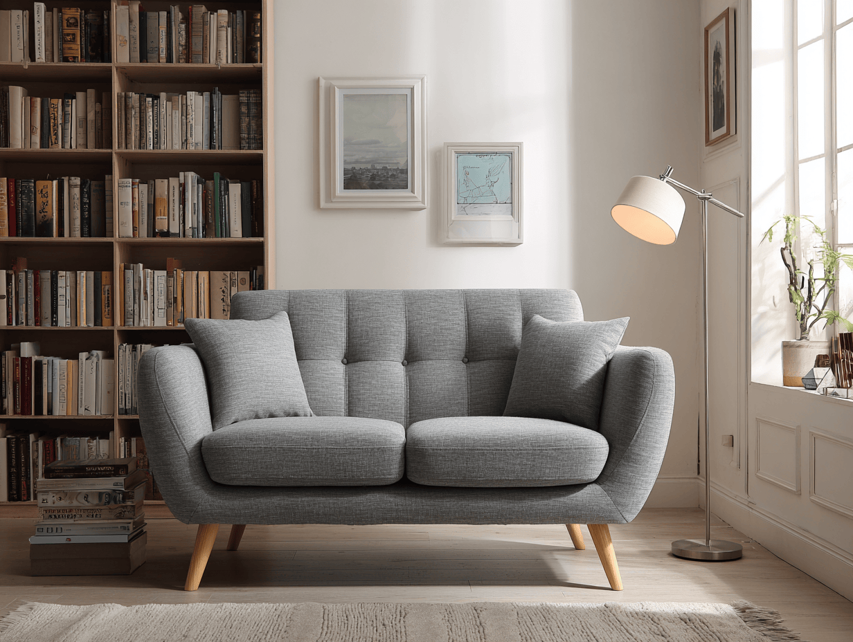 Tweepersoons bankstel stof 165×85×88 cm – lichtgrijs – moderne stijl met houten poten en kussens