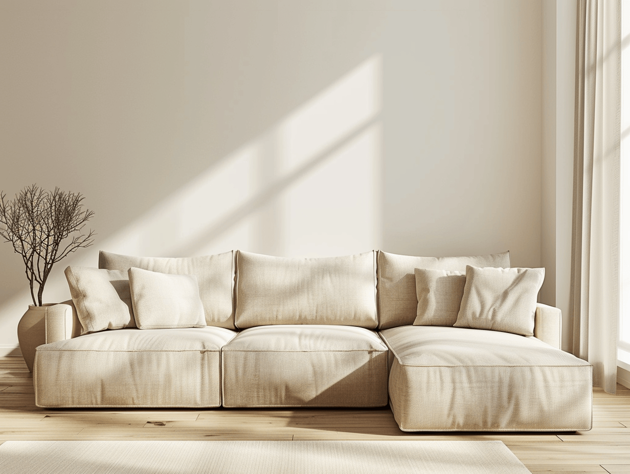 Hoekbank in linnen stof 300×170×85 cm – beige – modern design met 3 rugkussens en 4 decoratieve kussens