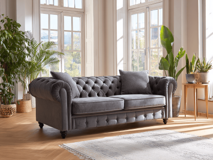 3-zitsbank fluweel 220×95×85 cm – donkergrijs – klassiek chesterfield design
