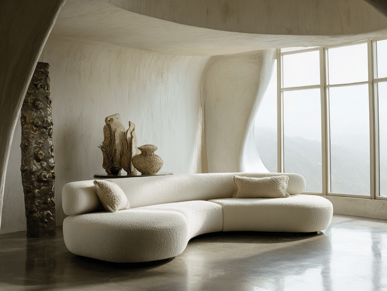 Hoekbank stof 270×165×80 cm – wit – modern gebogen design met 2 sierkussens