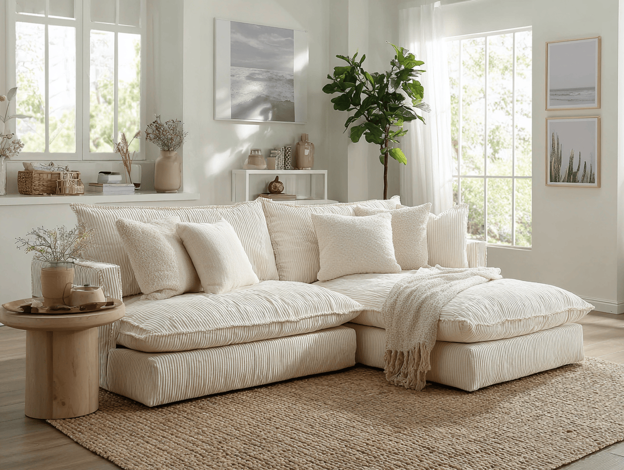 Hoekbank in corduroy 295×190×88 cm – crème – moderne stijl met chaise longue en kussens