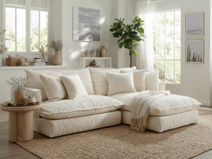 Hoekbank in corduroy 295×190×88 cm – crème – moderne stijl met chaise longue en kussens