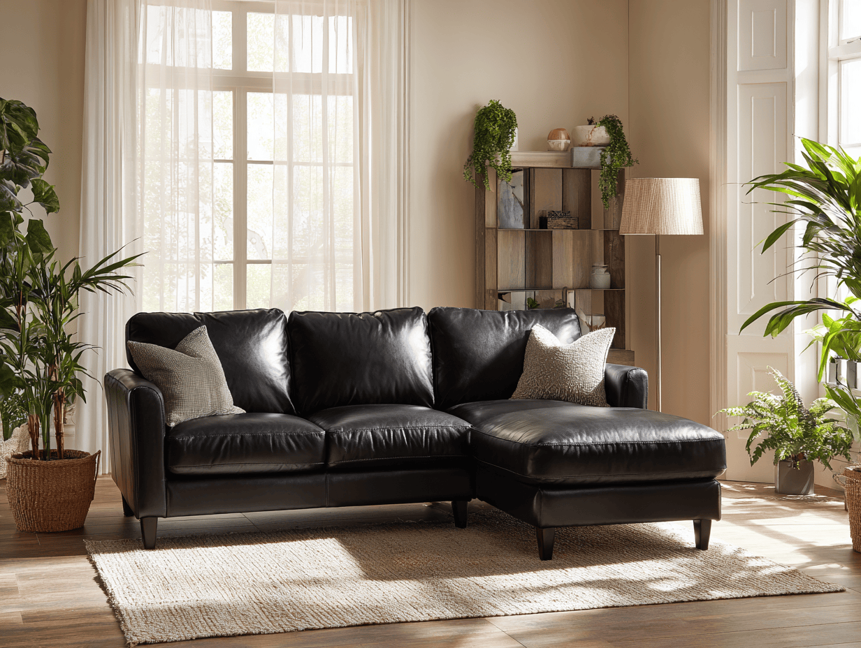 Leren hoekbank 250×160×90 cm – zwart – met chaise longue 3 rugkussens en 2 sierkussens