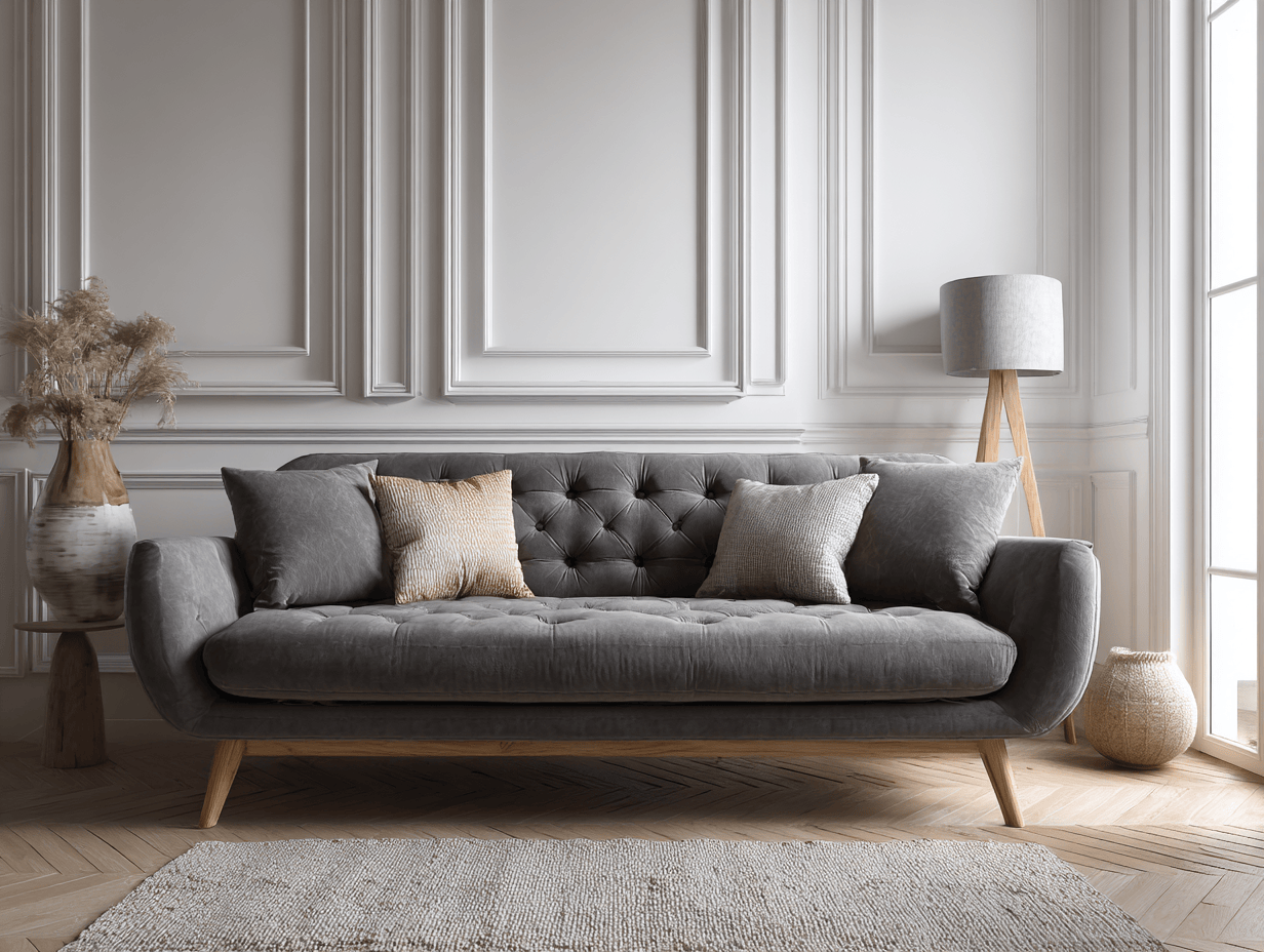 3-zitsbank fluweel 210×90×85 cm – lichtgrijs – modern met knoopdetails