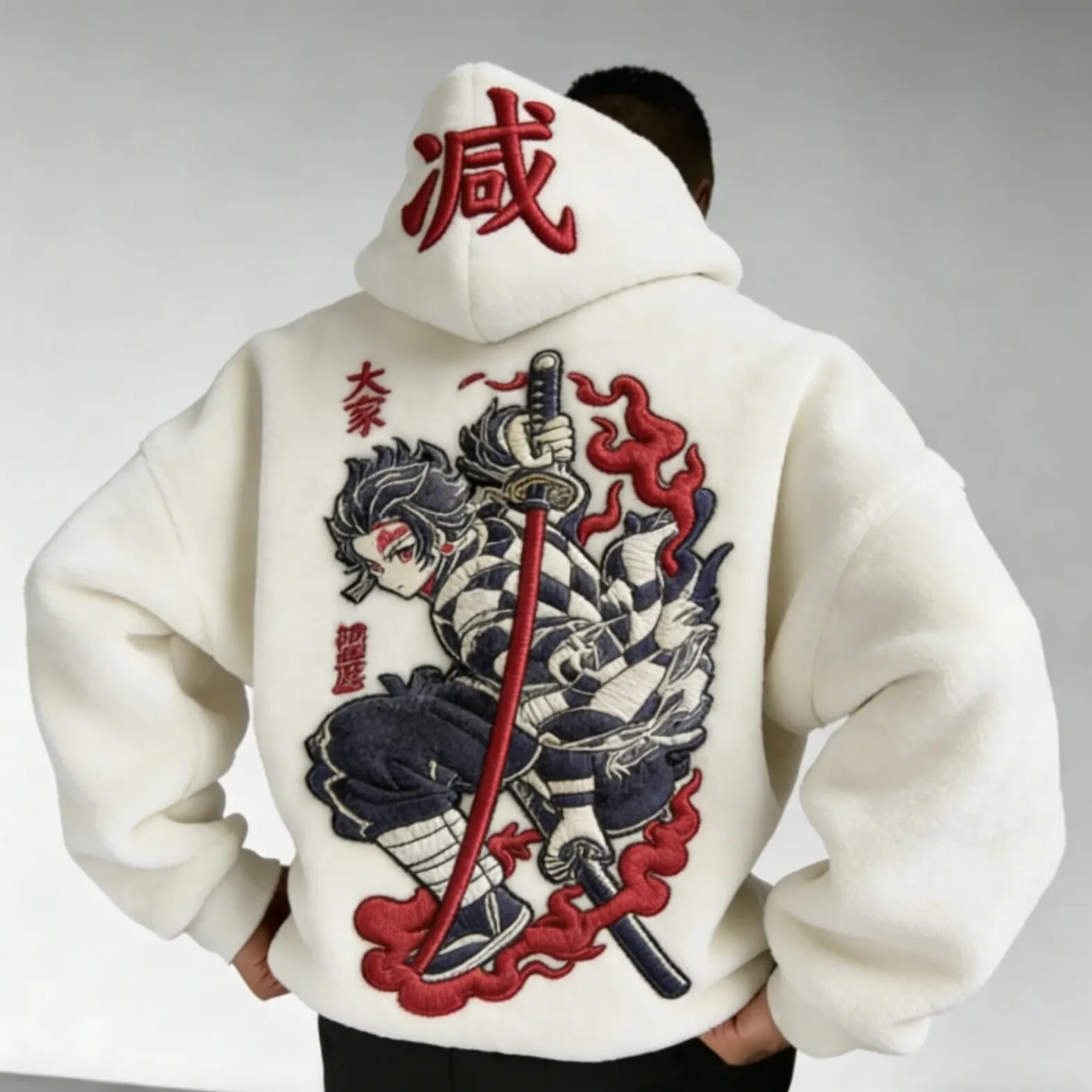 Men Demon Slayer:Kamado Tanjiro Color-blocked Plush Hoodie