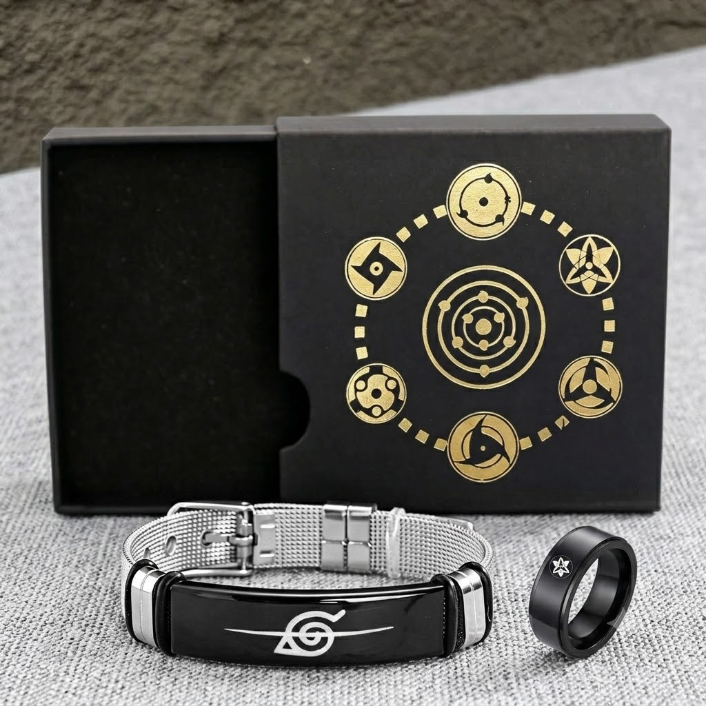 Naruto Sasuke Uchiha Sharingan Jewelry Set, Anime Bracelet & Ring Gift Box