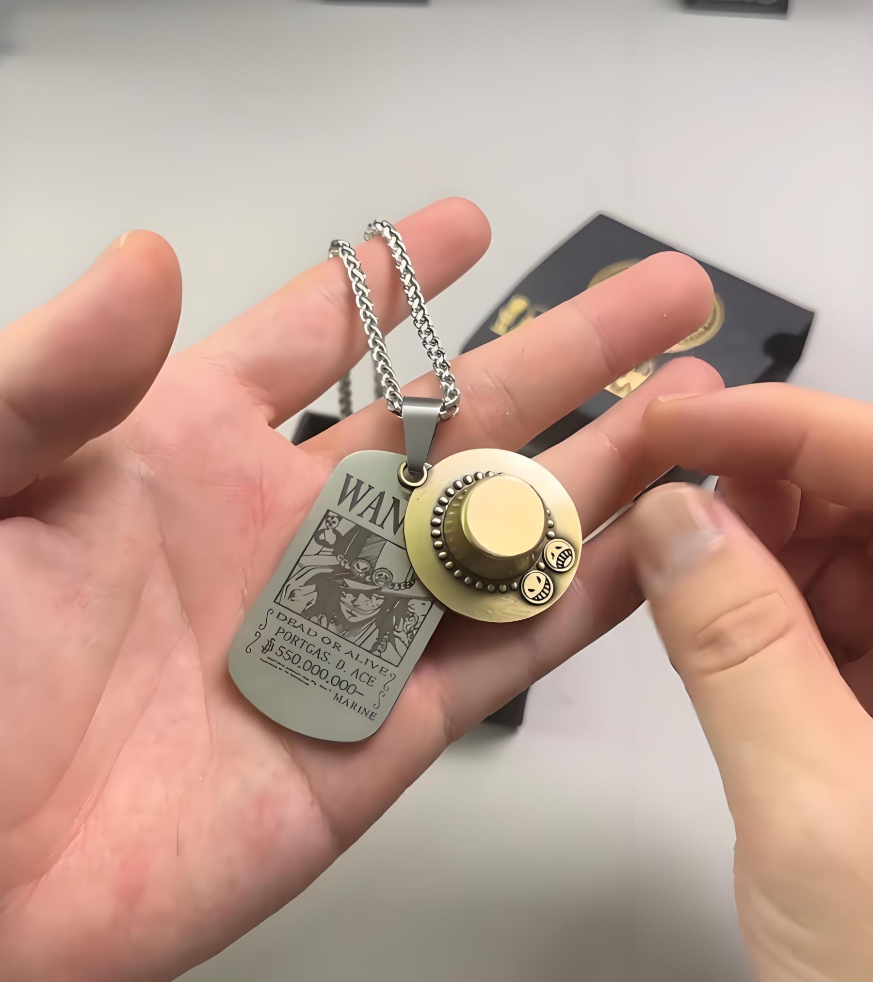 One Piece Portgas D. Ace Necklace - Fire Fist Ace Wanted Poster & Cowboy Hat Double Pendant - Anime Cosplay Jewelry for Men