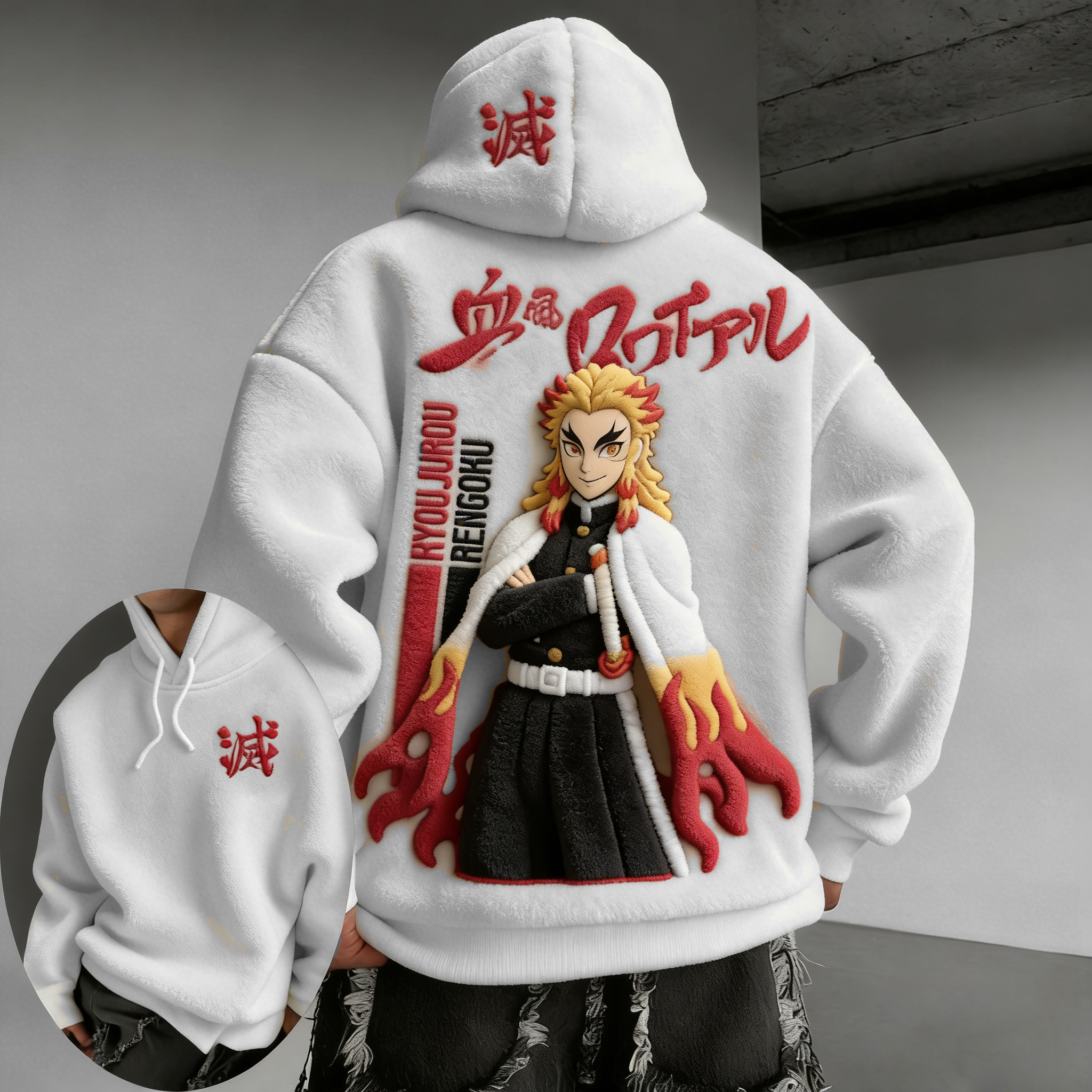 Men Demon Slayer: Kyoujurou Rengoku Color-blocked Plush Hoodie