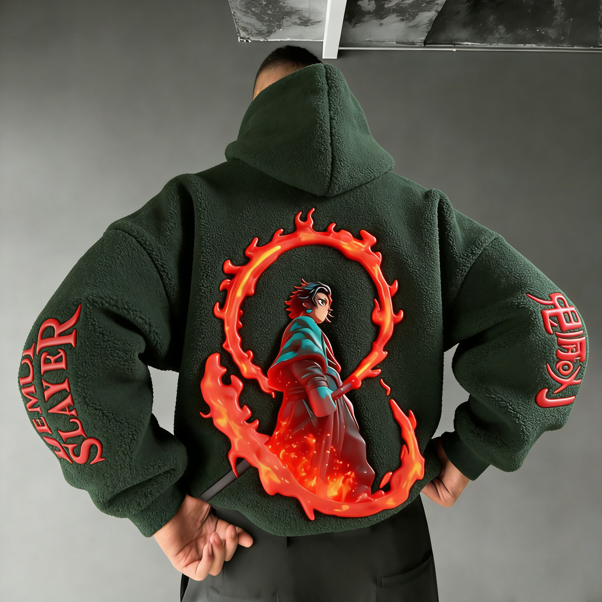 Men Demon Slayer Color-blocked Plush Hoodie