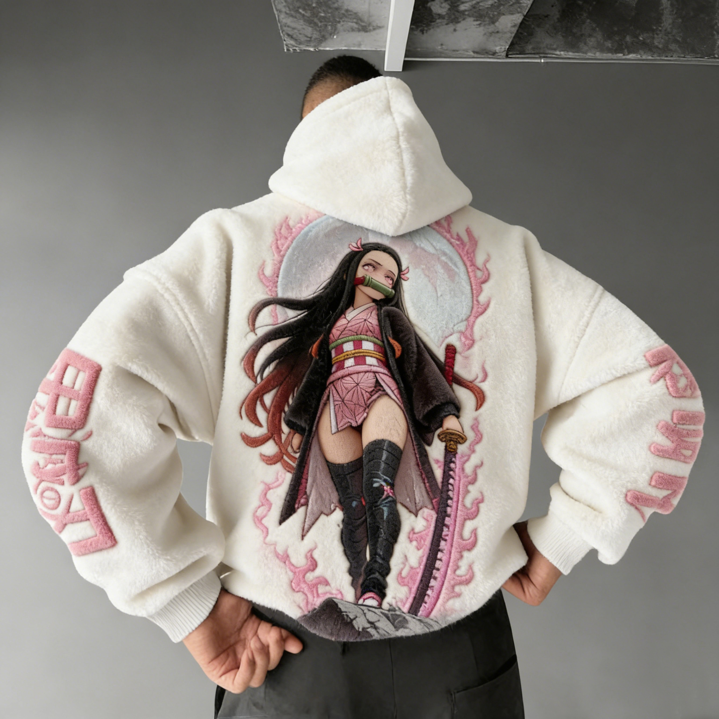 Men Demon Slayer Nezuko Color-blocked Plush Hoodie