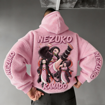 Men Demon Slayer Nezuko Color-blocked Plush Hoodie