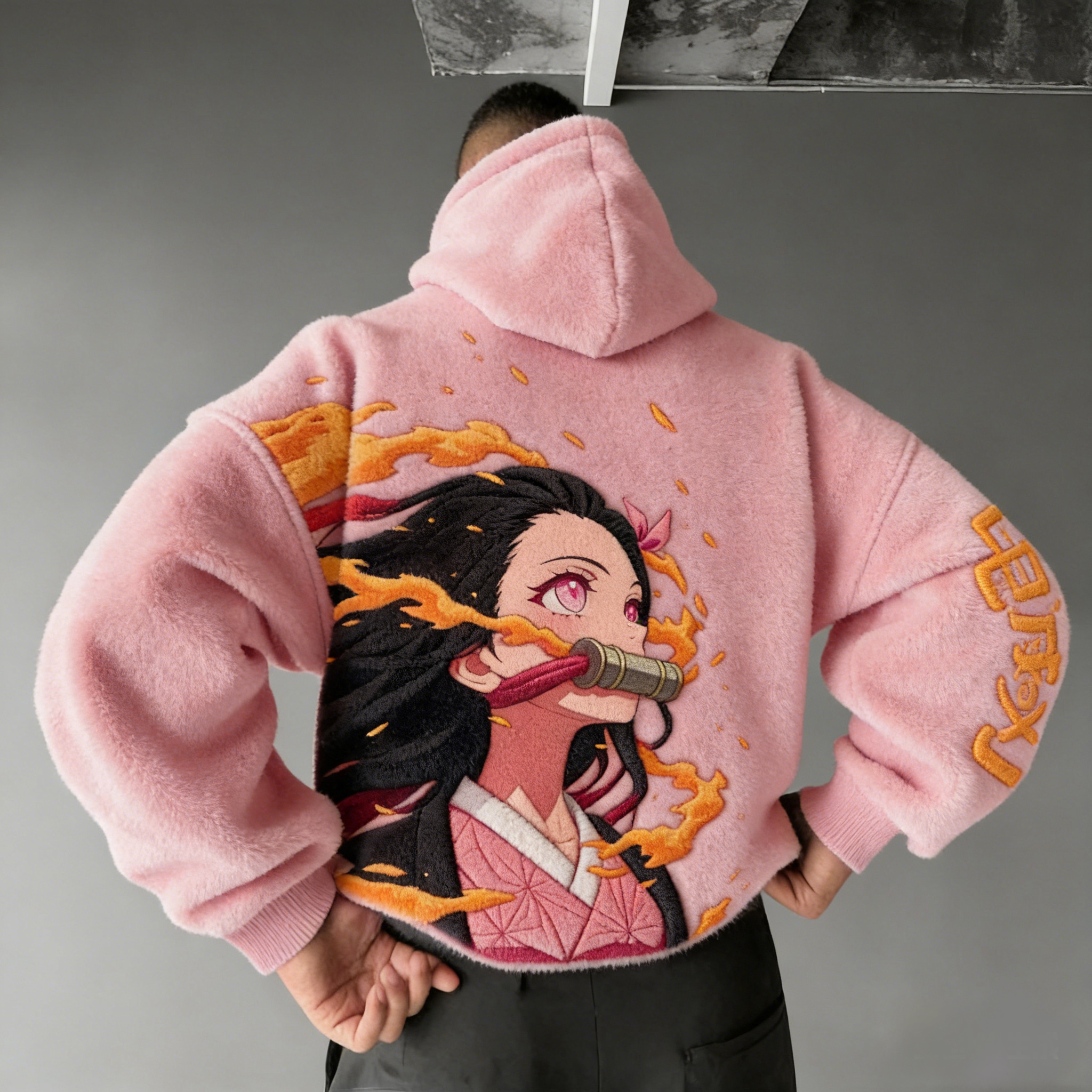 Men Demon Slayer Nezuko Color-blocked Plush Hoodie