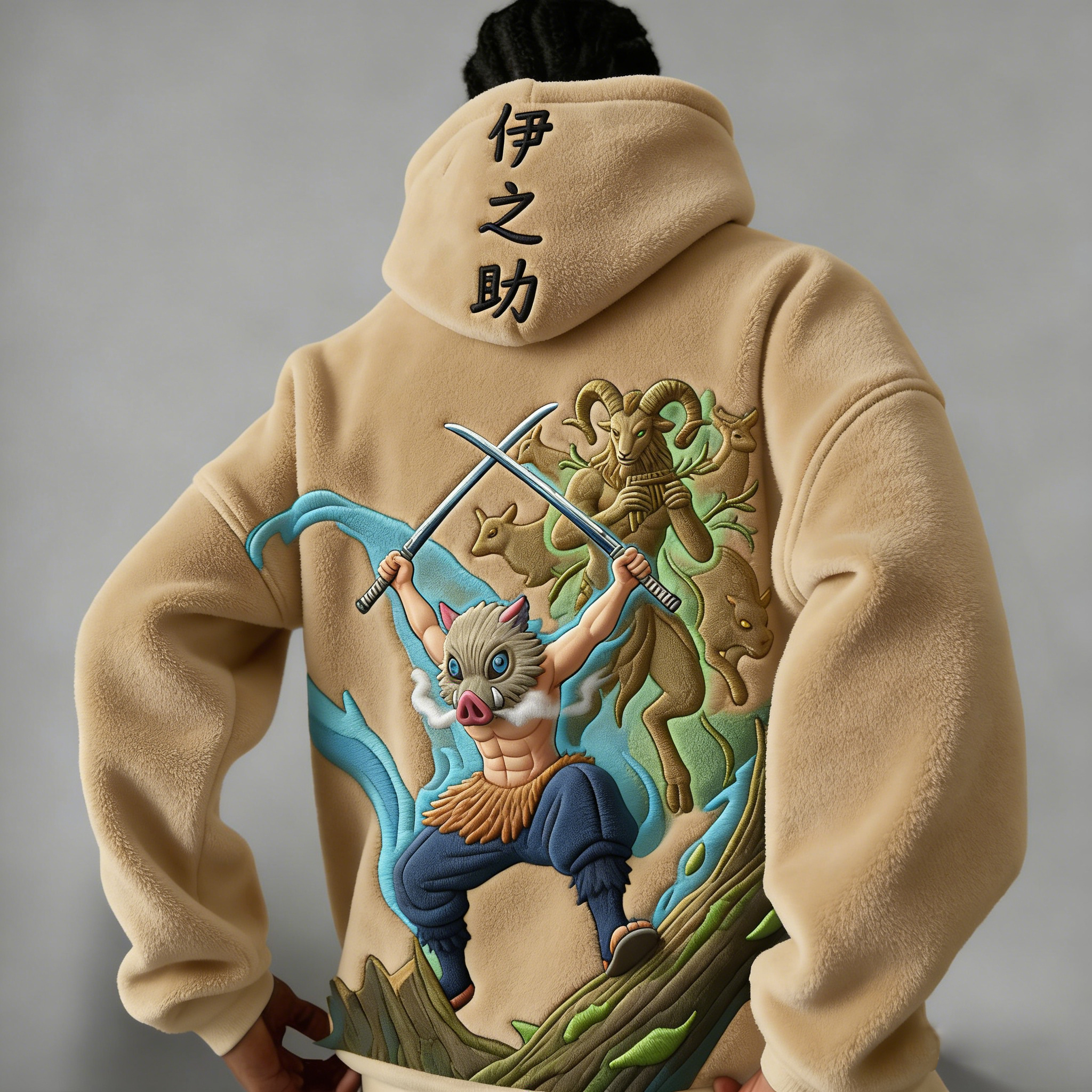 Unisex Version Demon Slayer Color-blocked Plush Hoodie