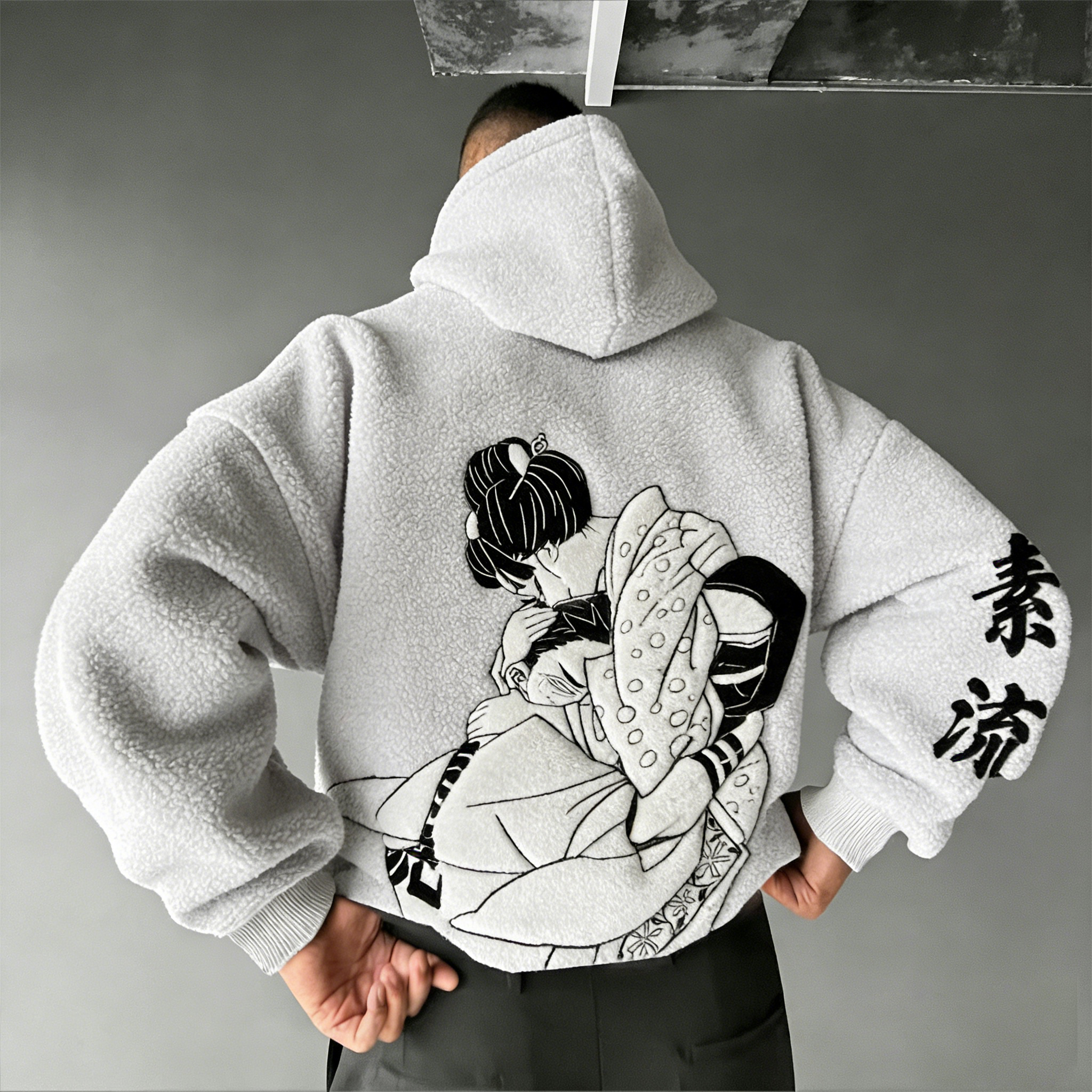 Men Demon Slayer Color-blocked Plush Hoodie