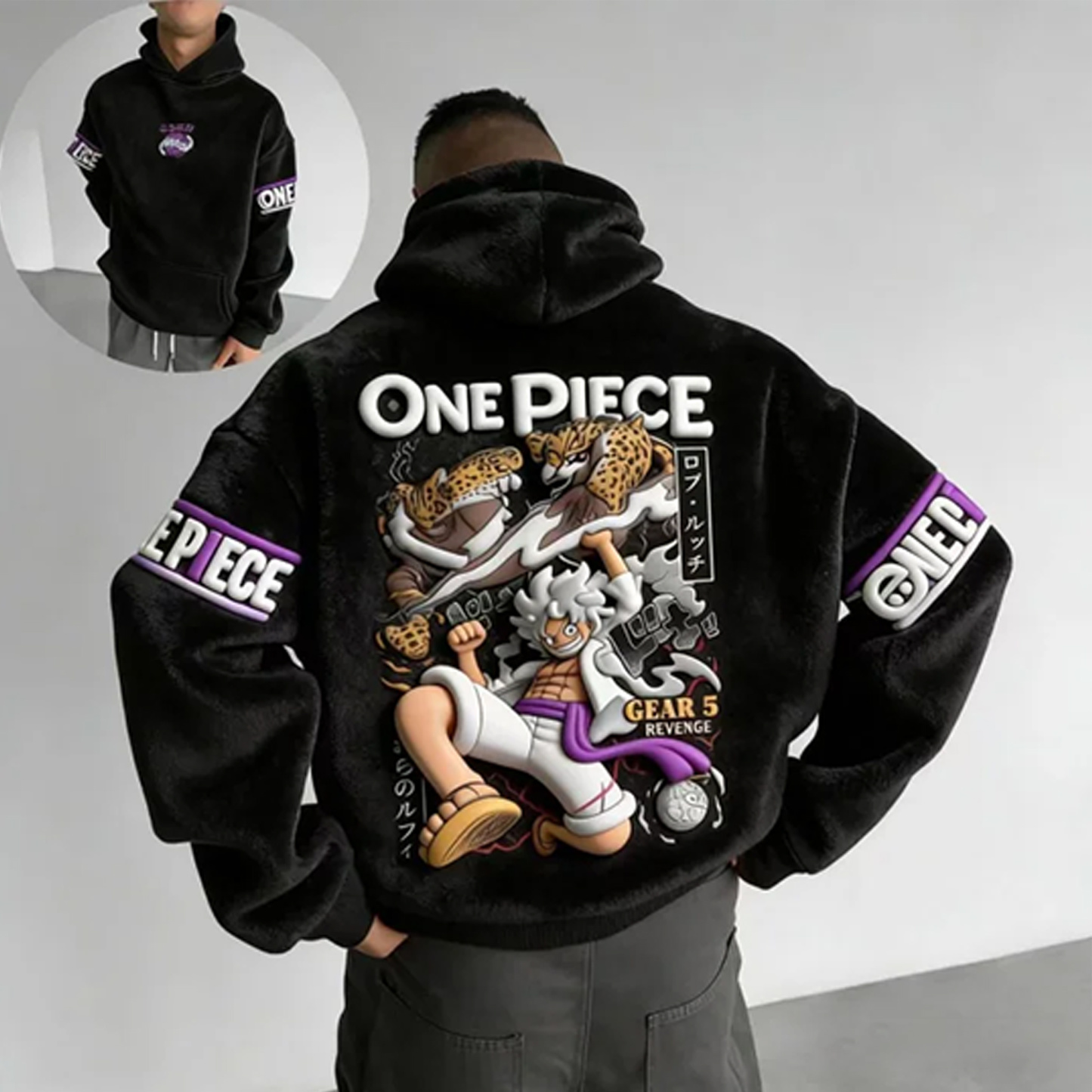 Men One Piece: Nika Luffy Color-blocked Plush Hoodie