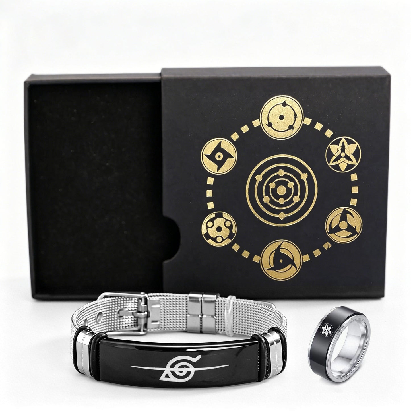 Naruto Sasuke Uchiha Sharingan Jewelry Set, Anime Bracelet & Ring Gift Box