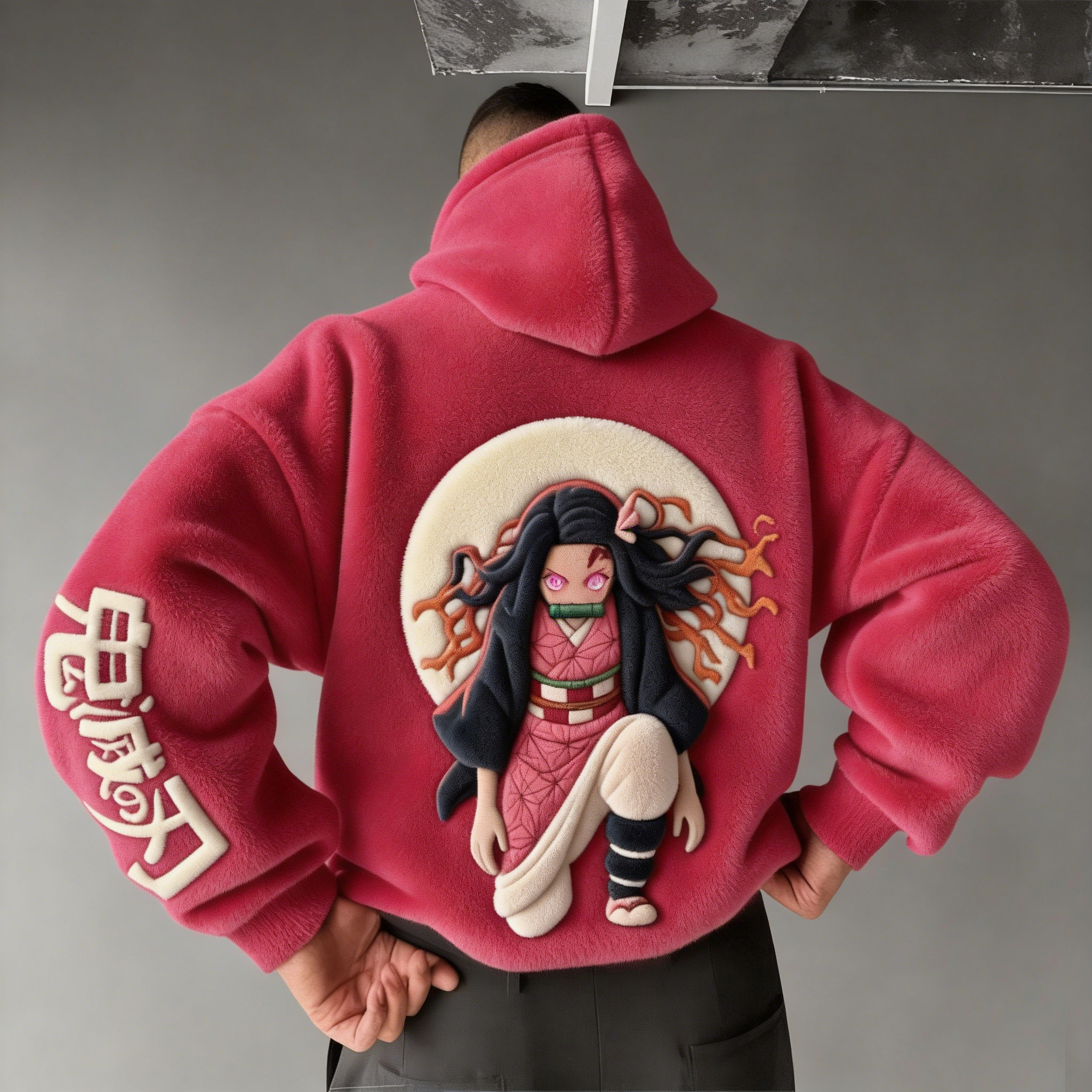 Men Demon Slayer Nezuko Color-blocked Plush Hoodie