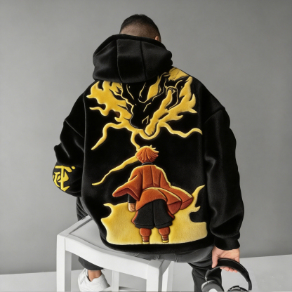 Men Demon Slayer Zenitsu Color-blocked Plush Hoodie