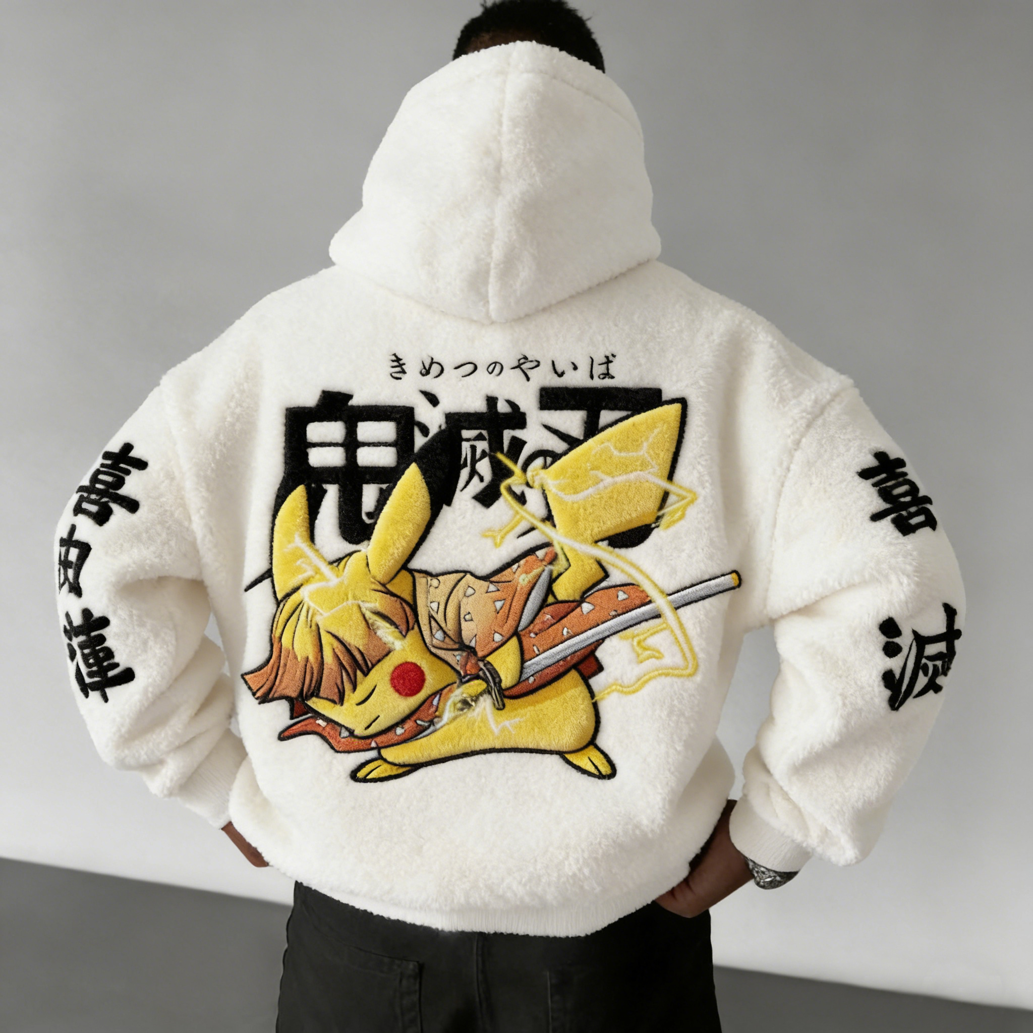Men Demon Slayer Zenitsu Color-blocked Plush Hoodie