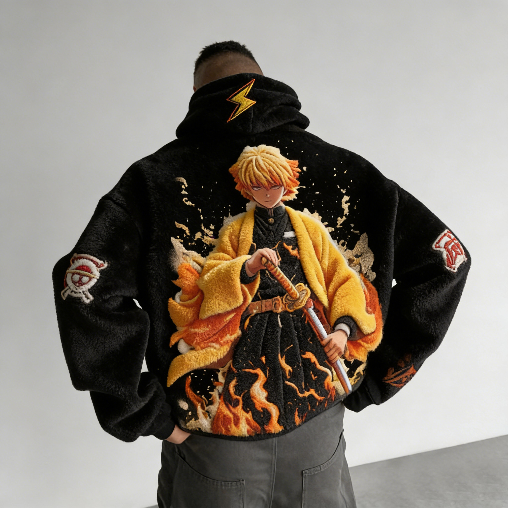 Men Demon Slayer Zenitsu Color-blocked Plush Hoodie