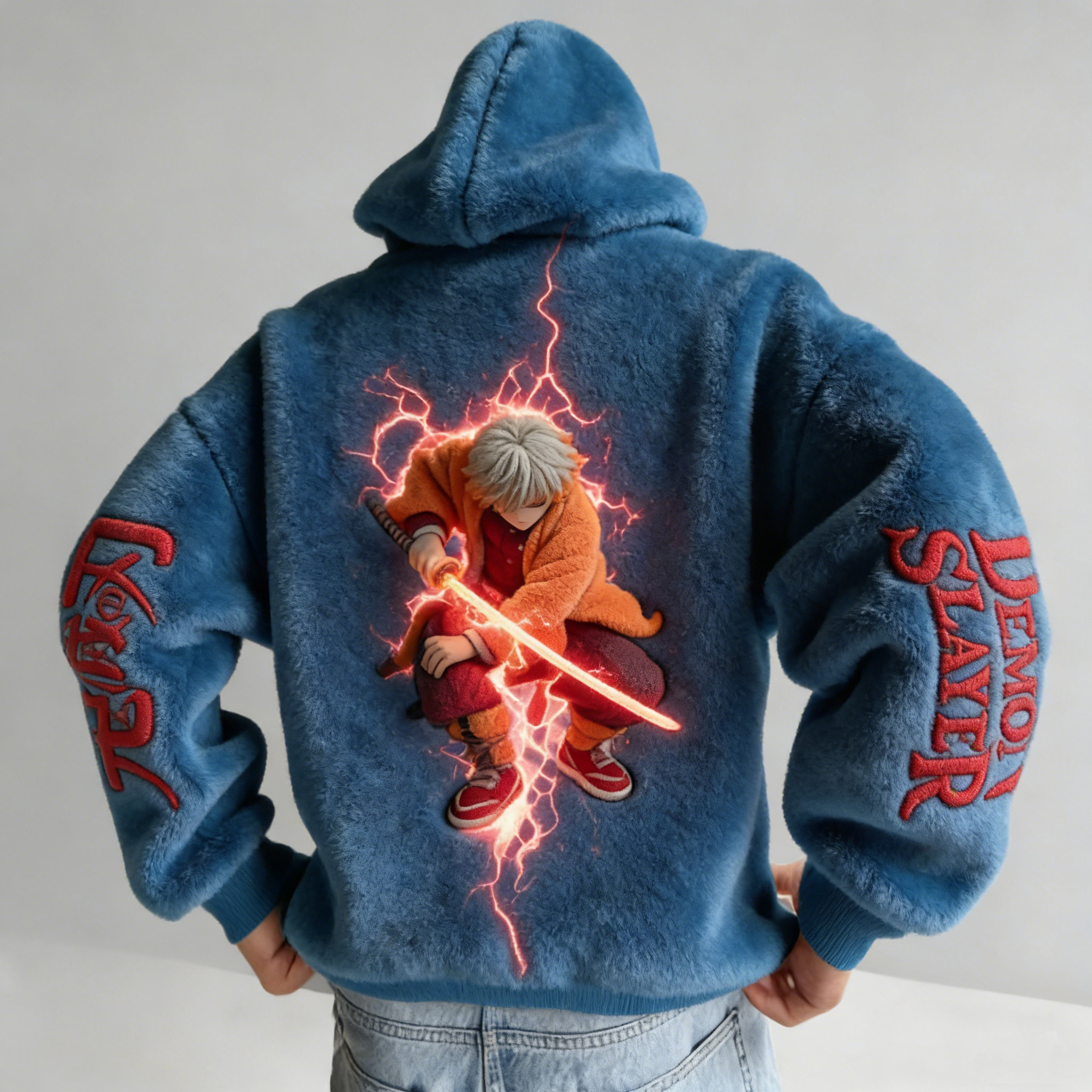 Men Demon Slayer Zenitsu Color-blocked Plush Hoodie