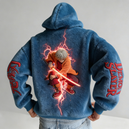 Men Demon Slayer Zenitsu Color-blocked Plush Hoodie