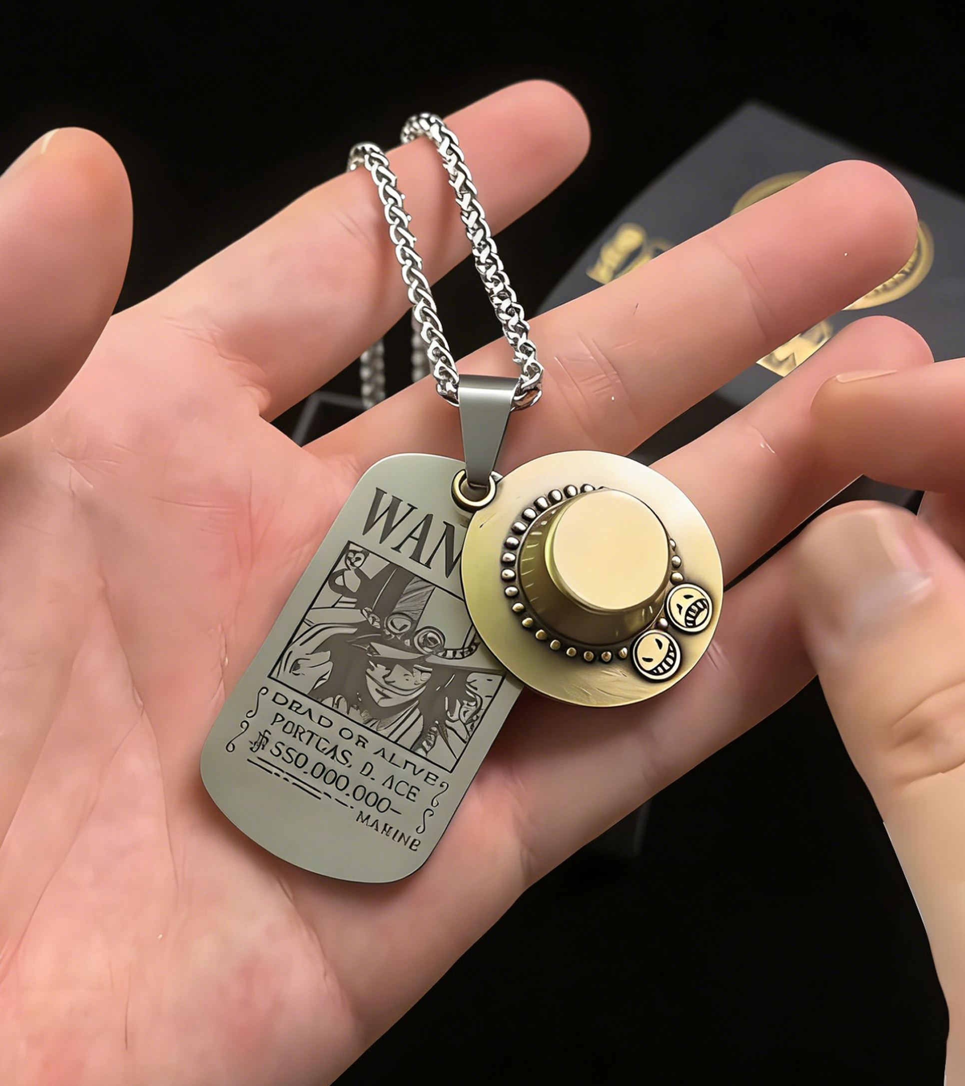 One Piece Portgas D. Ace Necklace - Fire Fist Ace Wanted Poster & Cowboy Hat Double Pendant - Anime Cosplay Jewelry for Men