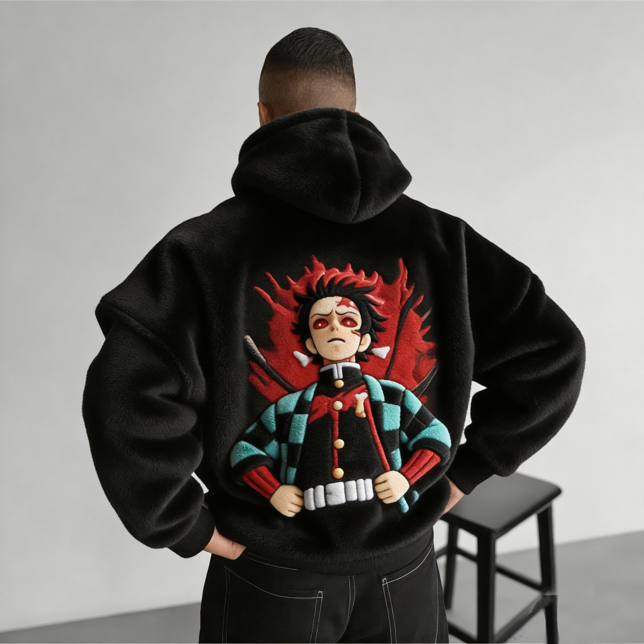 Men Demon Slayer Tanjiro Color-blocked Plush Hoodie